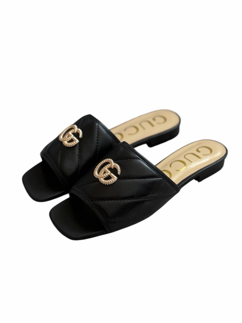 Gucci Black Quilted Slide Sandals with Gold Double G